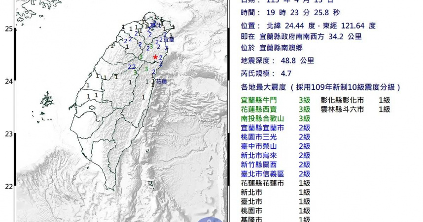 今晚7時23分台灣發生地震，北部地區民眾感受到明顯晃動。（圖／中央氣象署   ）