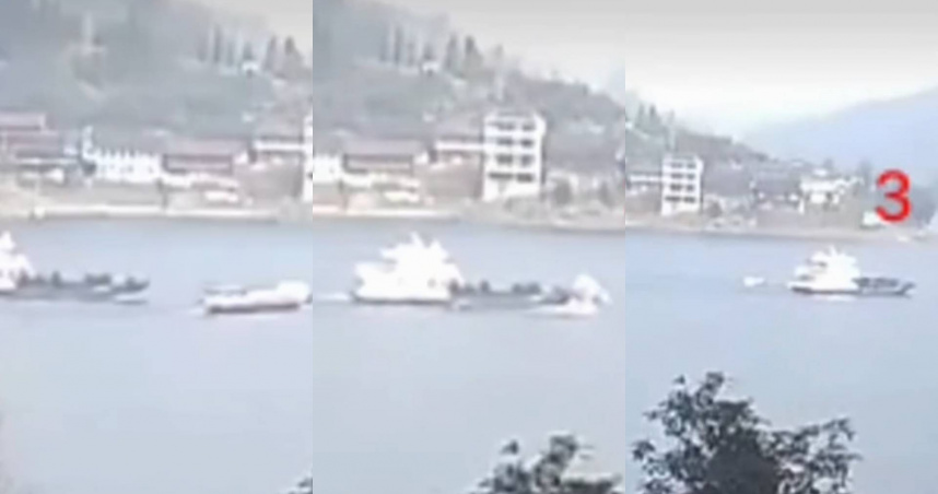 油污清理船從後方撞擊客船後，客船迅速沉沒。（圖／翻攝自微博）