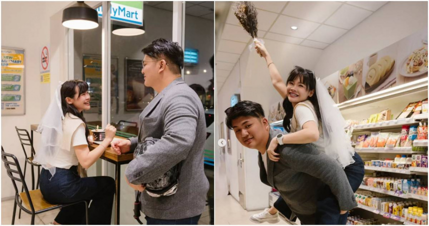 一對因超商結緣的馬來西亞情侶即將步入結婚殿堂。在籌備婚禮之際，他們特地回到為他們「牽起紅線」的超商裡拍攝一組「超級生活化」的婚紗照。（圖／翻攝IG／FamilyMart Malaysia）