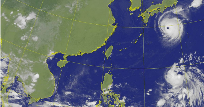 中颱「哈隆」強度直逼強颱門檻，目前關島附近有另一個熱帶擾動，有機會在今天就增強為熱帶低壓。（圖／中央氣象署）