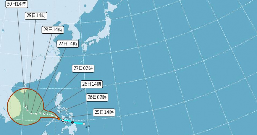 熱帶性低氣壓TD30預計最快今晚到明天（26日）增強為颱風「天琴」。（圖／氣象署）