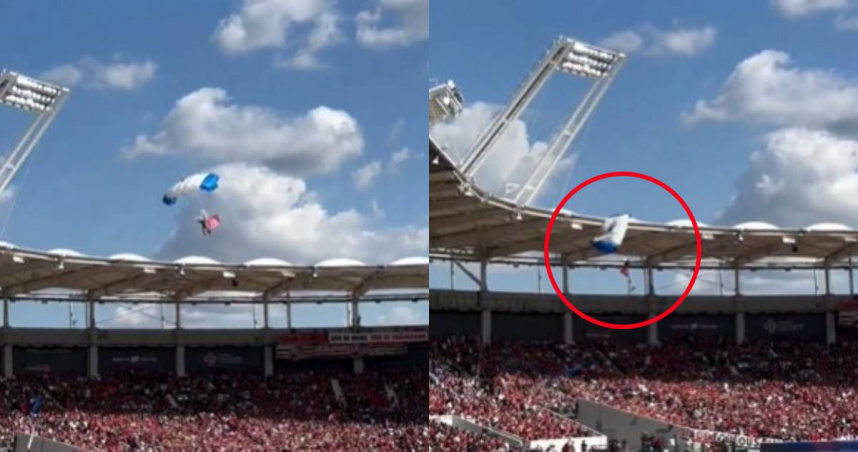 歐冠盃橄欖球賽16強賽，開球時一名跳傘員亞尼克（Trouille Yannick）意外卡在體育場的屋頂，懸掛在15公尺高空上。（圖／X／@GauthierBaudin）