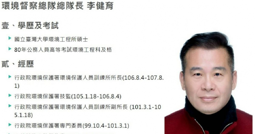 環保署前督察總隊長李健育被指控是性騷慣犯。(圖/翻攝環保署網站)