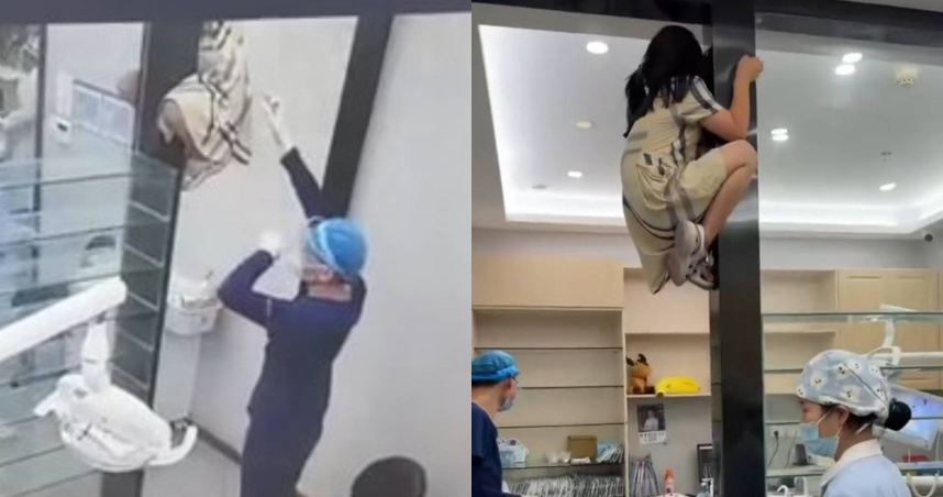 小女孩逃避看牙醫，直接爬到門頂逃避。（圖／翻攝自抖音 @爱的阳光陈林岗）