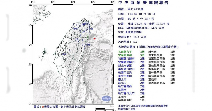 今天上午10時許，宜蘭外海發生規模5.3地震。