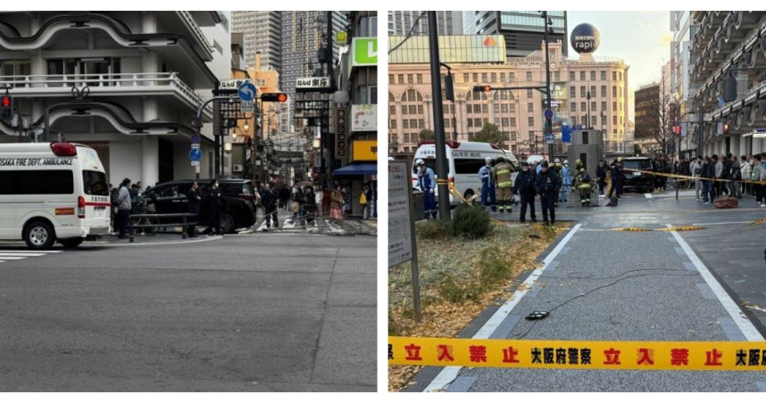 大阪市中央區難波鬧區27日下午發生車輛衝上人行道事故，乘用車撞倒路樹並波及行人，造成包括女童在內3人輕傷，警方已將63歲駕駛帶回調查。 （圖／翻攝自X，@Gt8VUlzRG7buafO）