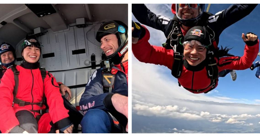 戴資穎首次挑戰高空跳傘，笑稱空中風阻太強，手腳與口水都難以控制。（圖／翻攝自臉書，戴資穎）