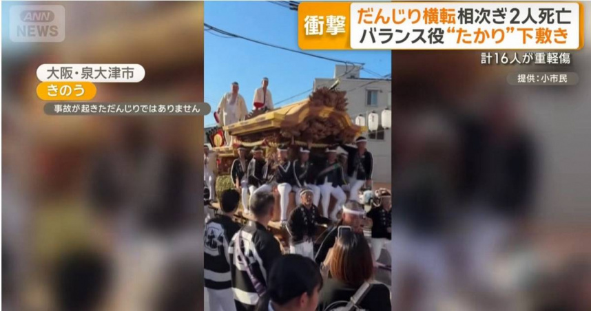 日本大阪府10日發生2起致命事故，2名男子分別在參與當地傳統的「地車祭」時，遭翻覆的祭典花車壓死。（圖／翻攝自Facebook／テレ朝news）