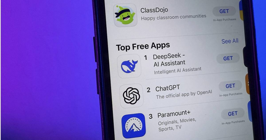DeepSeek衝上美國APP Store免費APP下載榜第一名。（圖／達志／美聯社）