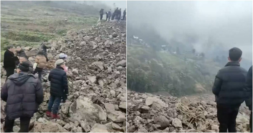 2月8日，中國四川省宜賓市筠連縣沐愛鎮金坪村發生山崩，截至8日晚間5時，已知造成10戶居民房被掩埋、30多人失聯。（圖／翻攝微博）