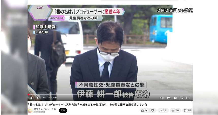 《你的名字》製作人伊藤耕一郎被判4年有期徒刑。（圖／擷取自YouTube／読売テレビニュース）