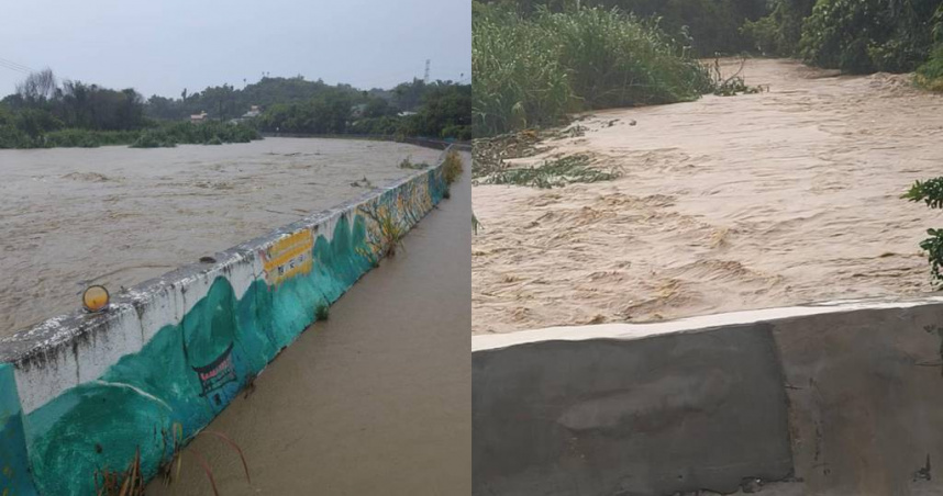 嘉義山區今天大雨，竹崎鄉沙坑村溪水暴漲，淹漫大馬路，成滾滾黃泥水。（圖／讀者提供）