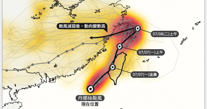 近幾個小時的雷達觀測顯示，丹娜絲颱風走向比預期稍微偏東，導致登陸可能性上升。（圖／翻攝自臉書／台灣颱風論壇｜天氣特急）