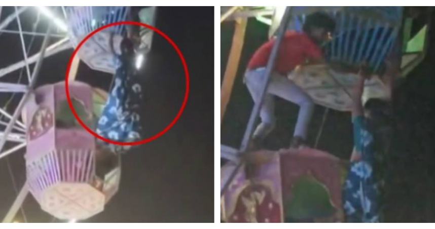 印度恰蒂斯加爾邦遊樂園驚傳意外，女子從摩天輪艙滑落後懸掛高空驚險求生。（圖／翻攝自X，@ShortsShalini）