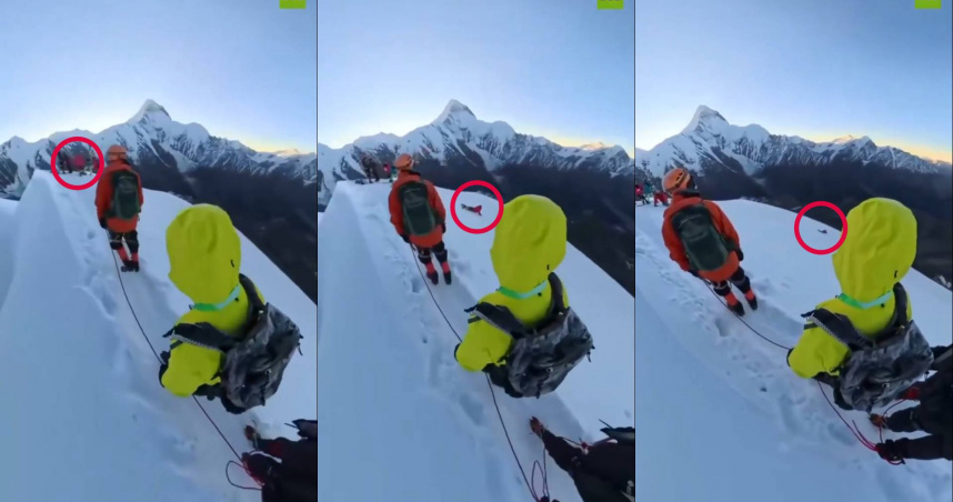 登山客為了找角度拍照便鬆開防護繩，沒想到自己就這樣滑落山谷。（圖／翻攝自社群網站X @RT_com）