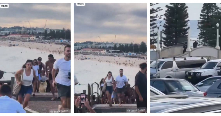 雪梨邦迪海灘14日晚間傳出多聲槍響，澳洲警方出動大批警力進駐，周邊拉起封鎖線。（圖／翻攝自Ｘ，@VividProwess、@BNONews）