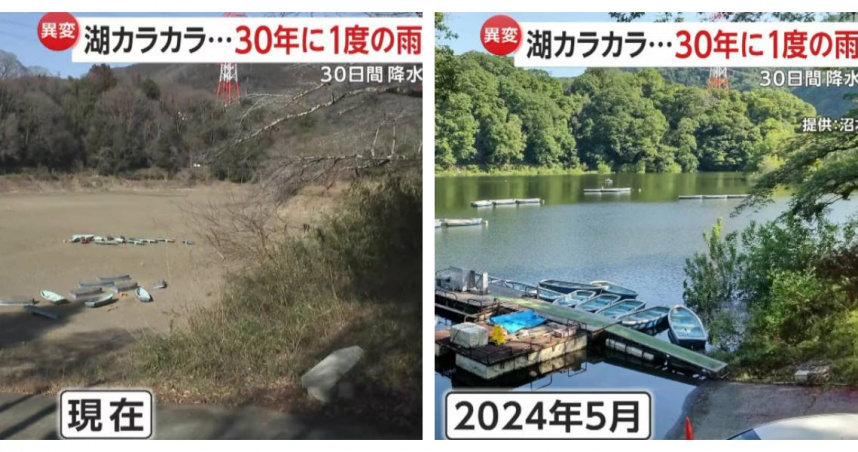 神奈川津久井湖水位驟降，湖底龜裂裸露，過去的湖泊已成荒地。（圖／翻攝自FNN，下同）