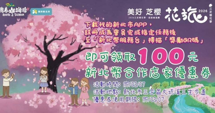 三芝櫻花季活動推出APP任務，完成指定條件可領取價值新台幣100元合作店家優惠券。（圖／新北市政府提供）
