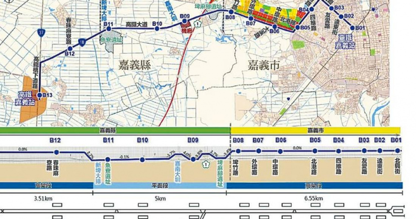 林倩綺表示，政院對嘉義輕軌的承諾，不到４８小時就跳票，已經成為官場現形記，引爆嘉義市民的憤怒，圖為嘉義輕軌藍線路線圖。（圖／報系資料照）