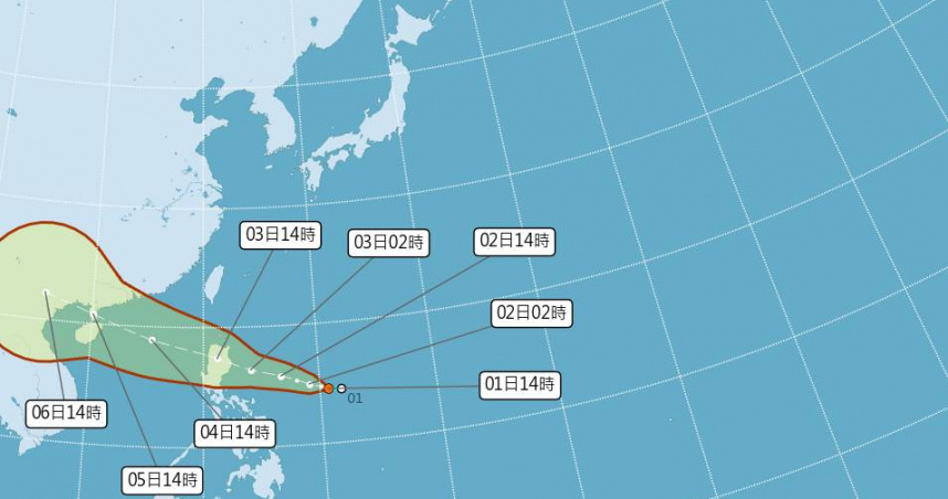 熱帶性低氣壓TD24今天（1日）下午2時中心位置在北緯14.5度，東經130.7度。（圖／氣象署）