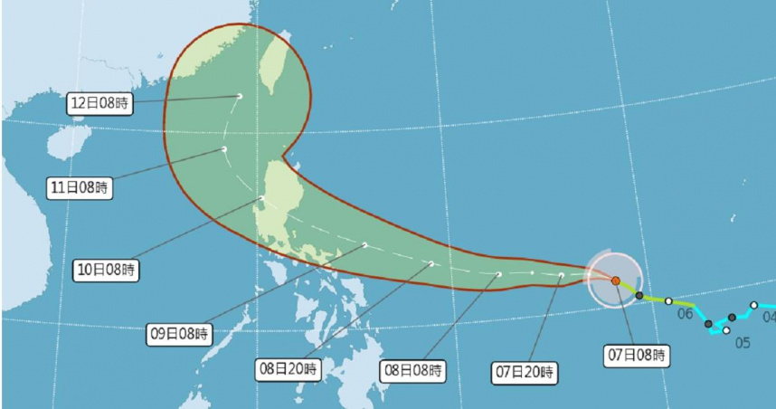 第26號颱風「 鳳凰」（Fung-wong）持續朝台灣方向前進，預計在下週一（10）經過菲律賓呂宋島進入南海後，將北轉逼近台灣。（圖／翻攝中央氣象署）