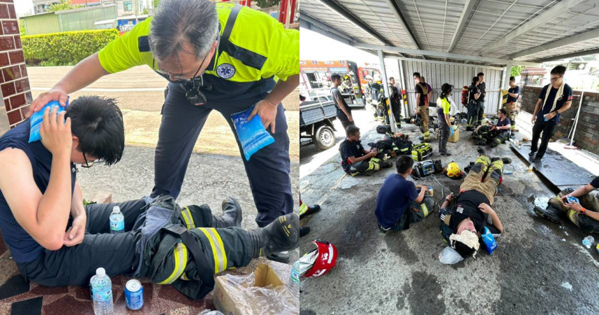 消防人員進入鐵皮烤漆工廠救火，因酷熱難耐體力透支倒地。（圖／翻攝自臉書／新竹縣政府消防局）