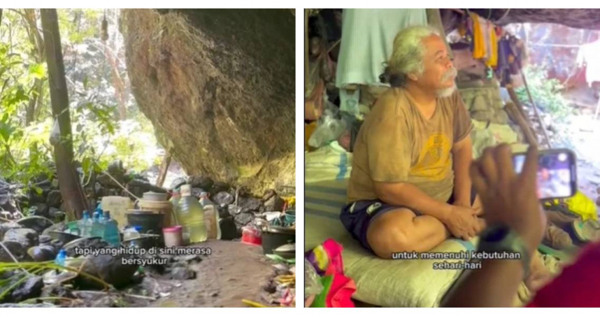 蘇達爾馬吉（Sudarmaji）長年居住於印尼東爪哇安加斯莫羅山（Mount Anjasmoro）山洞中，洞內僅有簡易床鋪與日用品。（圖／翻攝自TikTok，@doraemonjowo05）