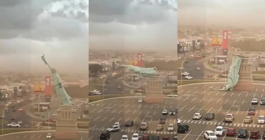 巴西南部城市瓜伊巴遇強風襲擊，位於大型商場哈凡的自由女神像複製品被吹倒。（圖／翻攝自Instagram／marcelomaranata）