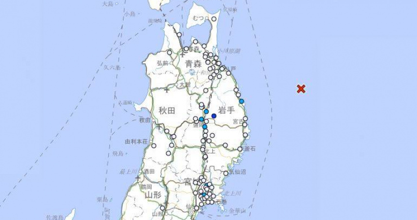 日本東北三陸沖海域於當地時間28日晚間7時45分左右發生芮氏規模5.1有感地震。（圖／翻攝自日本氣象廳）