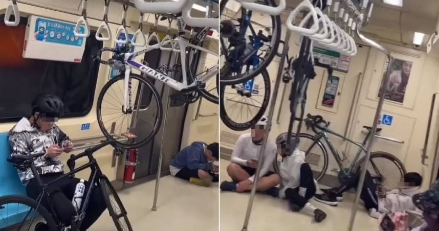 有車友搭捷運，把自行車直接掛在車廂拉環上。（圖／翻攝自重機車友 ❘ 各區路況天氣、資訊分享中心臉書）