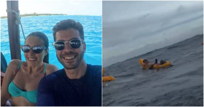 近日巴西一對新人在馬爾地夫度蜜月時，不僅遇到了船難，甚至夫妻倆的救生衣在危機中雙雙故障無法充氣，最後2人靠著緊抓一件飄來的救生衣才堅持到獲救。（圖／翻攝X）