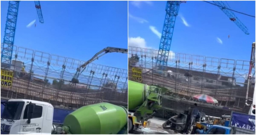 台南市善化區一處新建案昨（21日）下午疑似發生「爆模」意外，導致建物傾斜，現場場景猶如「台版比薩斜塔」，嚇壞不少路過民眾，所幸無人受傷。（圖／翻攝畫面）