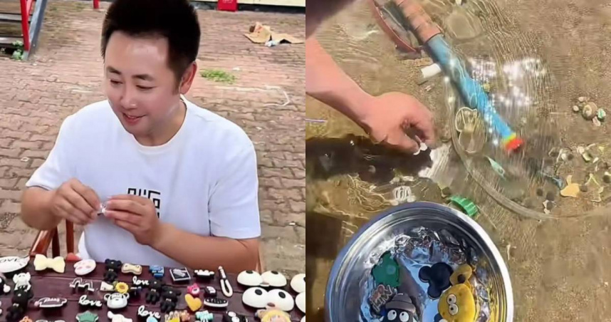 大陸遼寧省撫順市小伙在紅河谷河道「趕海」撿鞋花的影片，近日在網路上引發熱議。（圖／翻攝自微博）