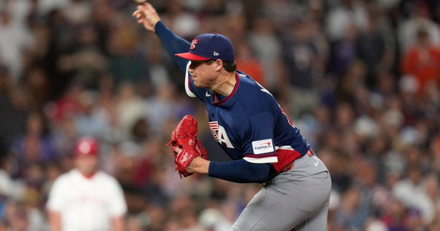 美國投手梅森（Mason Miller）米勒向加拿大隊投球。（圖／達志／美聯社）