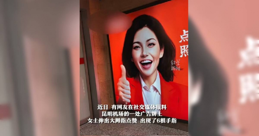 大陸雲南近日有網友在機場時，發現牆上的廣告牌中，圖片中的女子竟有6隻手指頭。（圖／抖音）