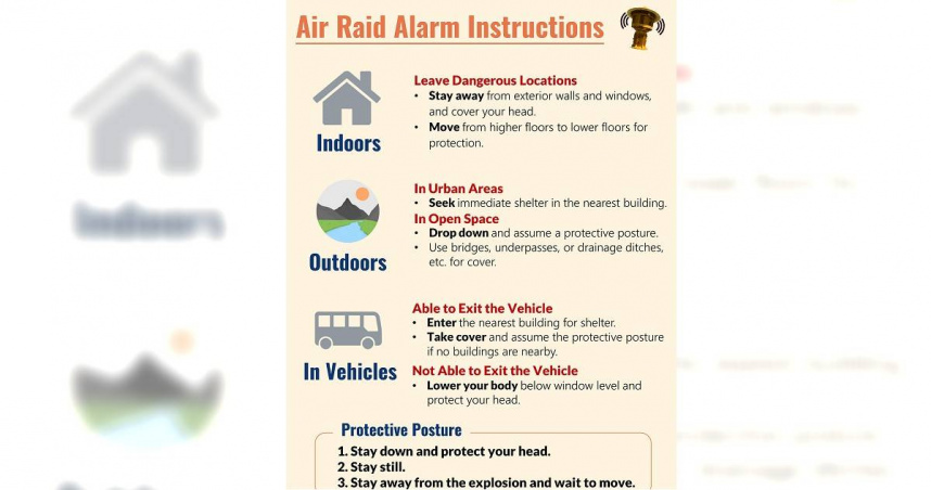 內政部11日函頒「防空避難指引英文圖卡」，以協助在台外籍人士於防空警報發布時能迅速掌握應變原則。（圖／翻攝內政部網站）