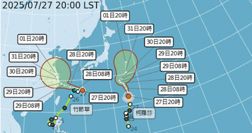 今年第8號颱風「竹節草」在昨（26）日上午減弱為一般低氣壓，但今（27）日晚間8點再度復活，強度重達颱風等級。（圖／翻攝中央氣象署）