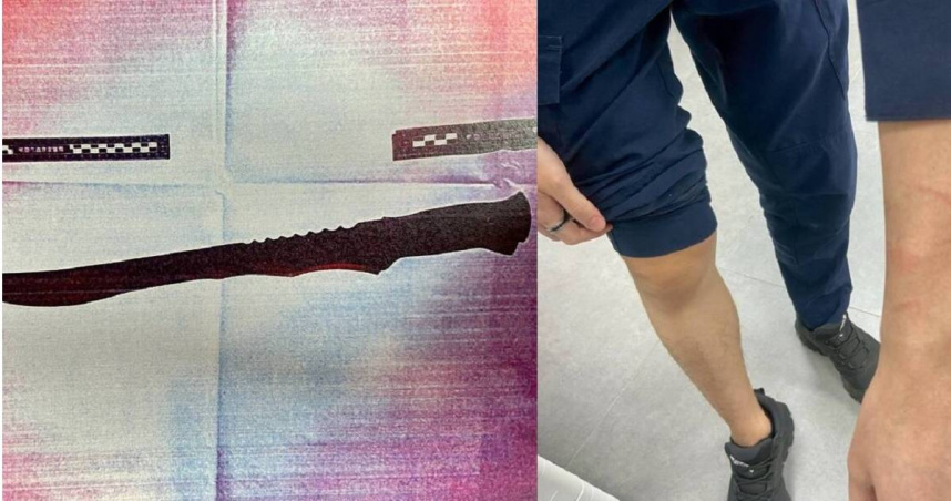 25歲李男酒後與父親發生衝突持開山刀砍傷對方，遭警方壓制逮捕並查扣凶刀，過程中還踢咬4名員警。（圖／翻攝畫面）