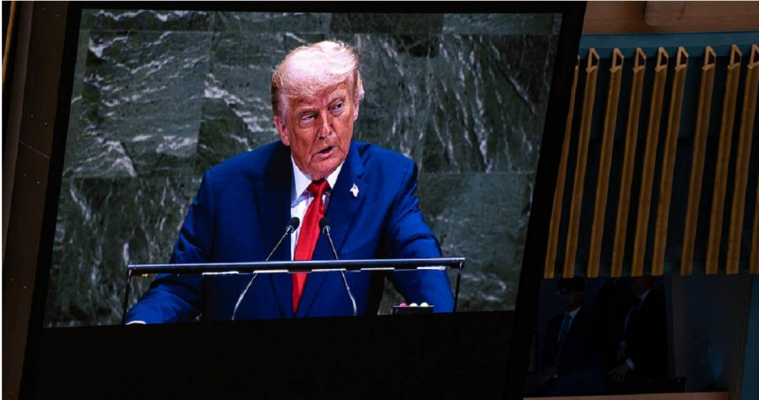 美國總統川普（Donald Trump）於美東時間23日在聯合國大會（UNGA）發表演說。（圖／達志／美聯社）