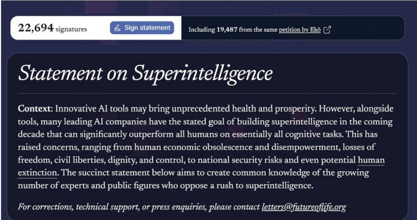 全球逾850位科技領袖與專家聯署發表《關於超智能的聲明》（Statement on Superintelligence）。（圖／達志／美聯社）