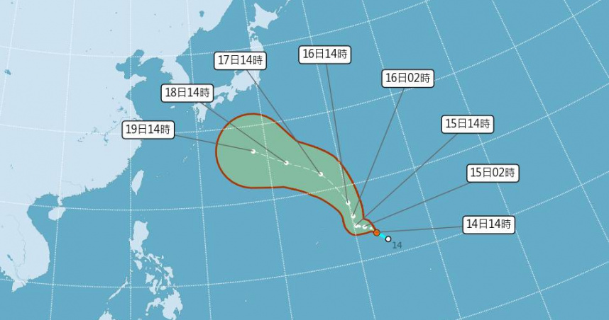 位於關島附近海面的熱帶擾動90W今（14日）上午發展為熱帶低氣壓TD28。（圖／氣象署）