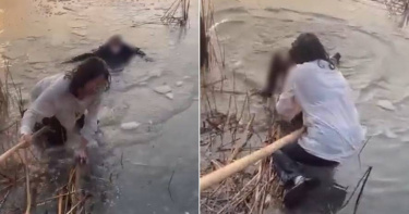 女子不顧自己生理期，馬上跳入湖中救人。（圖／翻攝自閃電新聞）