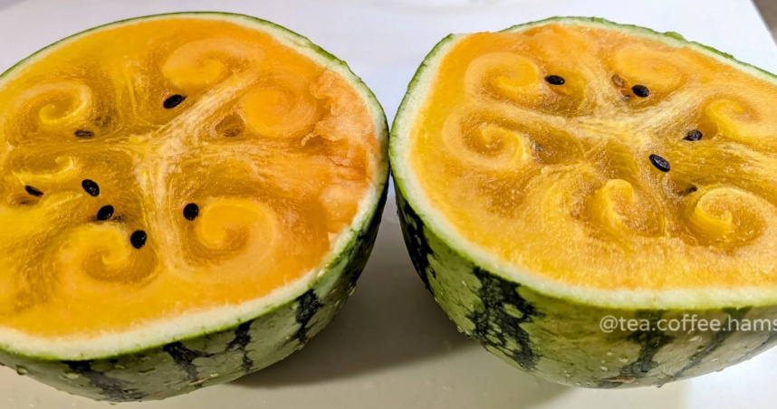 有網友分享購買西瓜回家切開時，驚見果肉出現詭異對稱螺旋紋路。（圖／翻攝Threads）