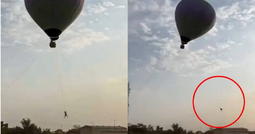 印度一名男子從事與熱氣球相關行業，今年巴蘭節時不慎被熱氣球拖上空中，從18公尺高度墜落，當場喪命。（圖／翻攝自X）