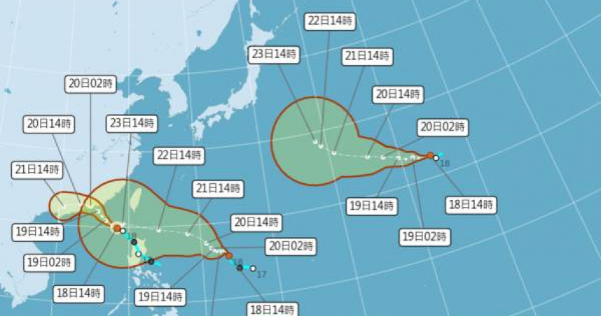 西北太平洋海域同時有「米塔」、「樺加沙」與可能發展為「浣熊」的熱帶性低氣壓活動。 （圖／中央氣象署提供）