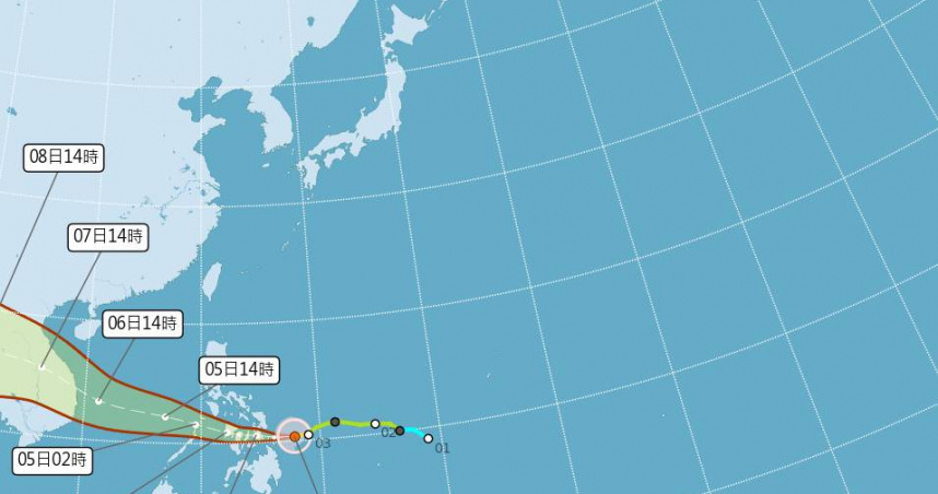 位於菲律賓東方海面的颱風「海鷗」，今（3日）上午8時增強為中度颱風。（圖／氣象署）