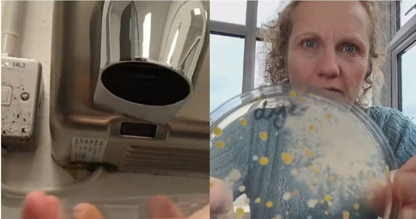 英國教育機構「Devon Science」的女老師Ruth MacLaren做實驗，發現烘手機的細菌比廁所空間細菌還多，不少人看完驚呼以後不敢再用了。（圖／翻攝自TikTok／devonscience）
