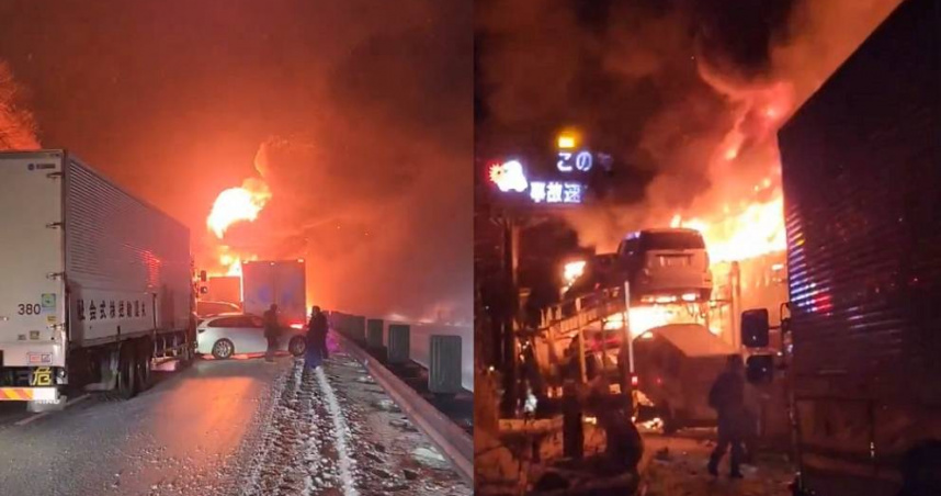 日本群馬縣關越自動車道今晚傳出重大車禍，至少15車發生連環追撞。（圖／翻攝自X／Lc2BESpn5JG0MTk）