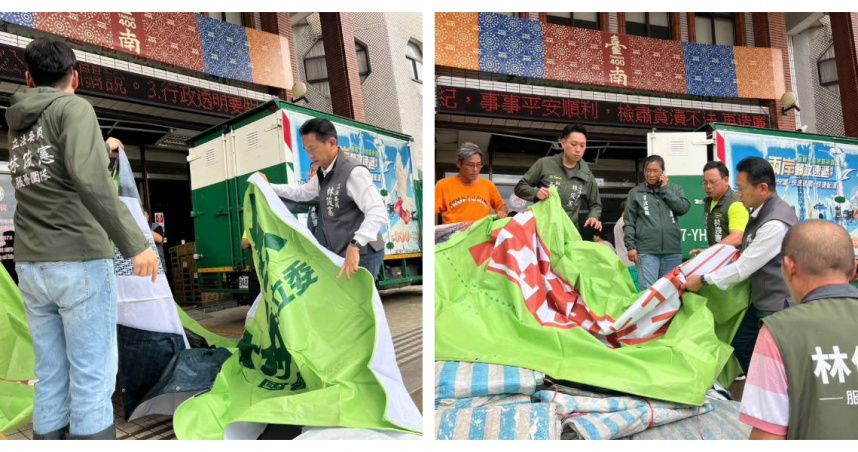 立委林俊憲真的「拆帆布救災」，百面競選帆布已陸續送往災區用於屋頂遮蔽。（圖／翻攝自臉書）
