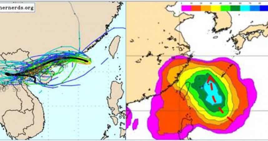 下週熱帶系統以從台灣東側北轉機率最高（70%）、侵襲北台灣機率則維持約40%。（圖／氣象應用推廣基金會）